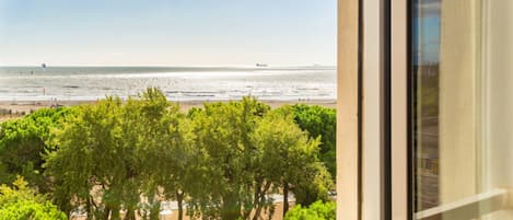 A view from a window overlooking a beach with trees in the foreground and a clear sky.