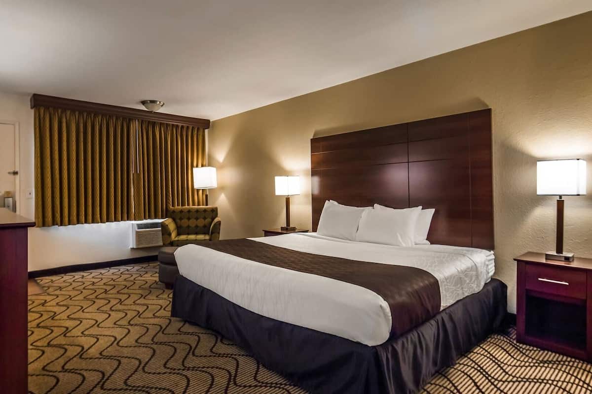 A hotel room with a large bed, two bedside lamps, a television, a chair, and a desk.