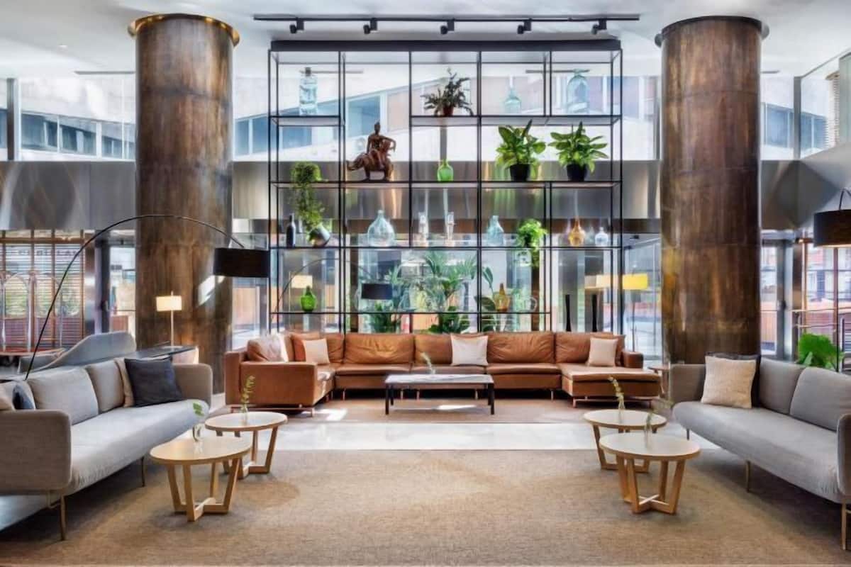 A spacious lobby with a central seating area, large windows, and a plant display.