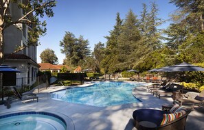 Outdoor pool, pool umbrellas, sun loungers