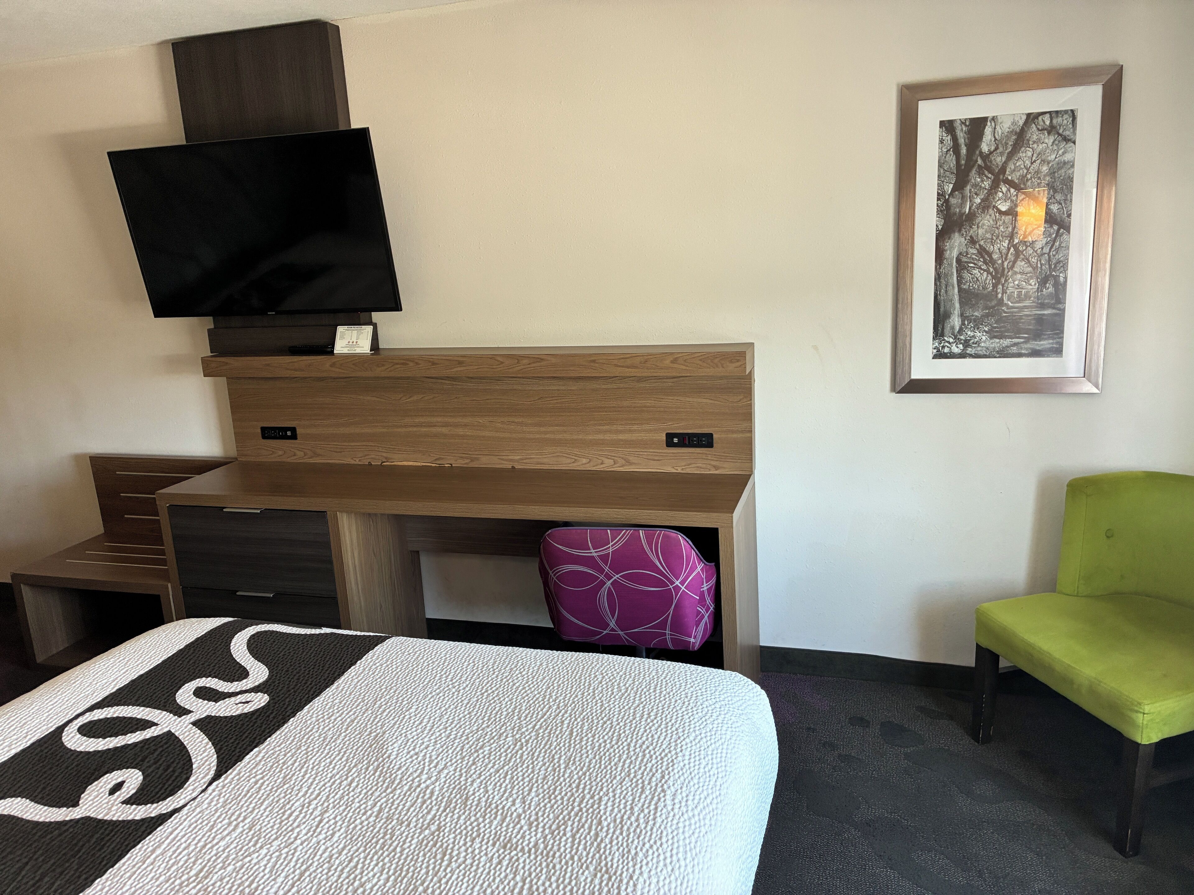 Une chambre d’hôtel avec un lit, un bureau doté d’un téléviseur à écran plat, un tableau encadré au mur et une chaise verte.