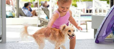 A child in a pink top interacting with a dog near a poolside area with lounge chairs and umbrellas.