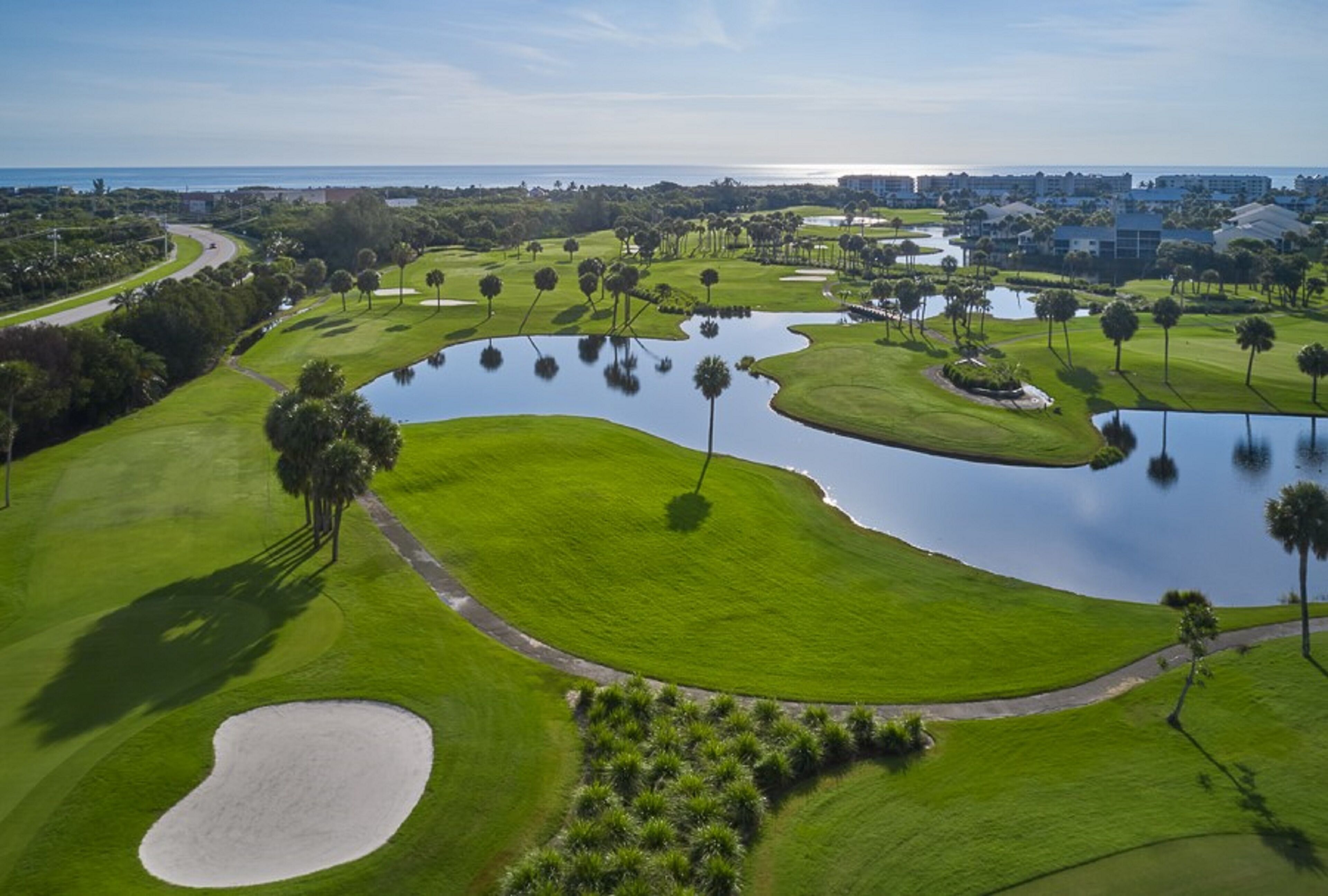 Un campo de golf con obstáculos acuáticos, bunkers de arena y palmeras.