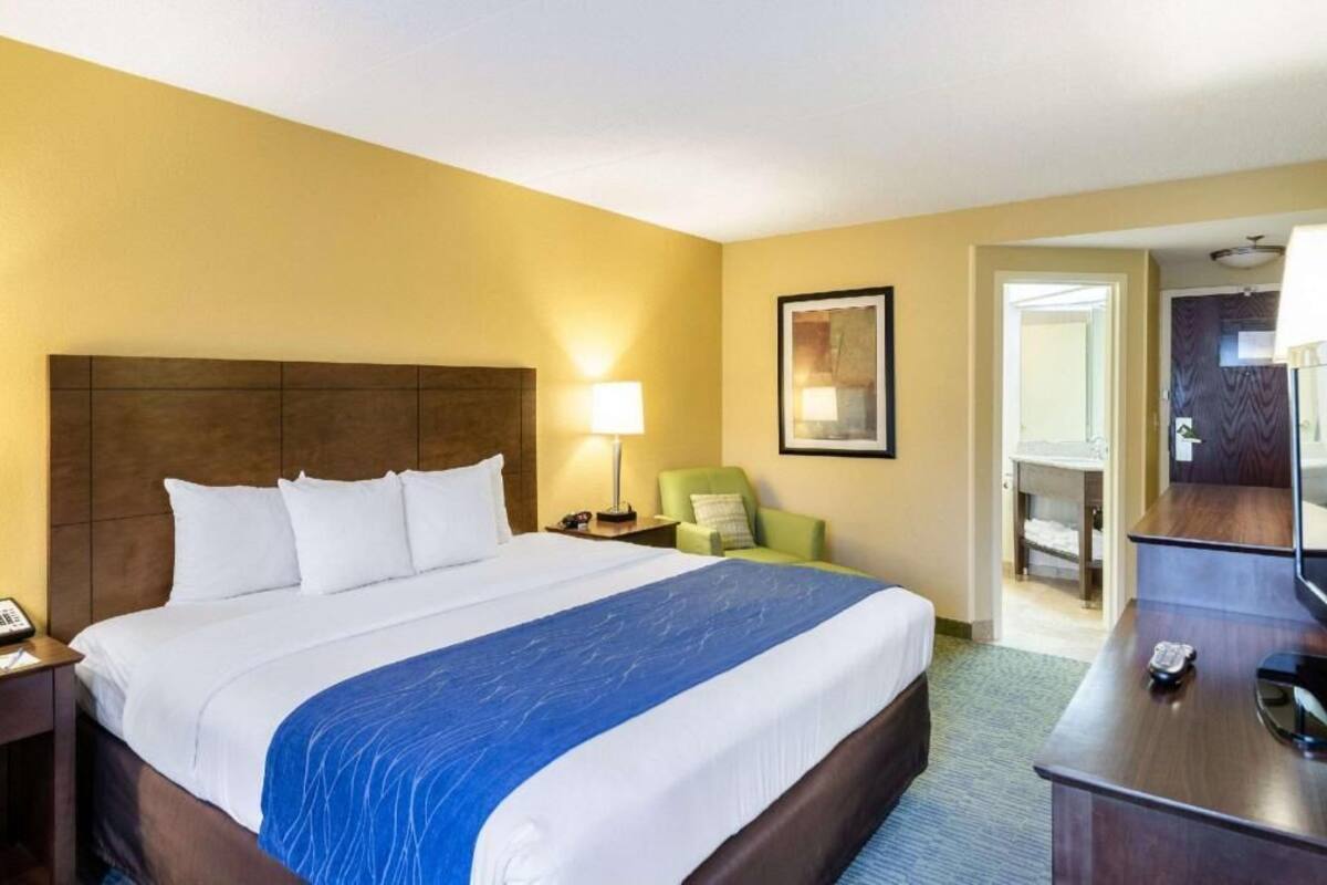A hotel room with a large bed, a desk, a chair, a lamp, and a framed picture on the wall.