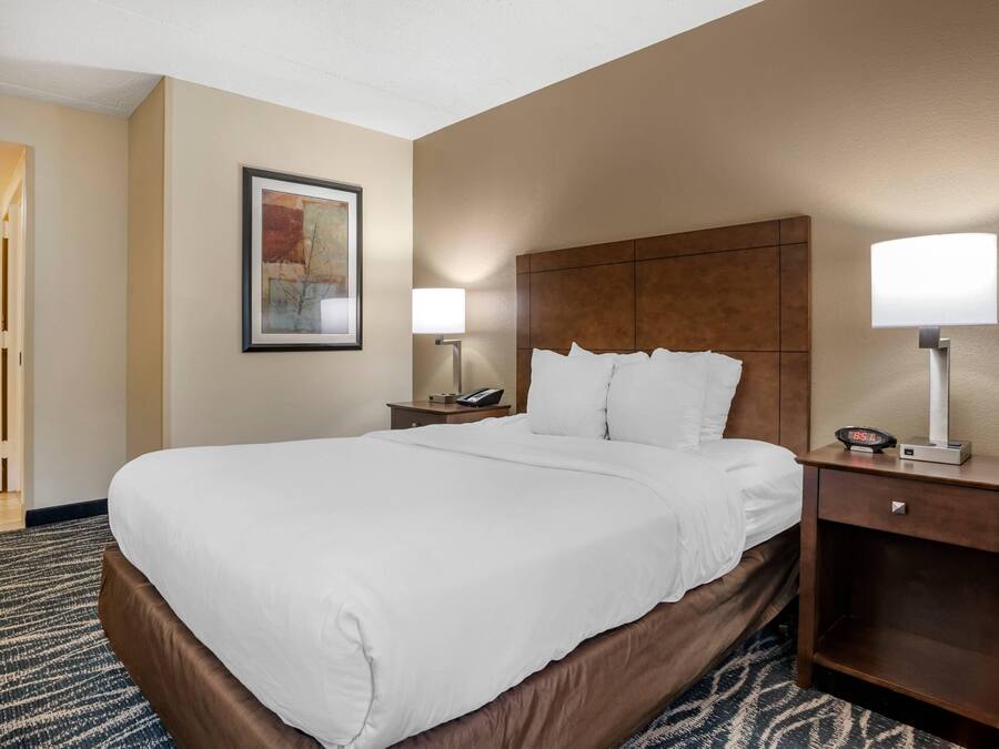 A hotel room with a large bed, a bedside table with a lamp, a nightstand with a phone, and a framed picture on the wall.