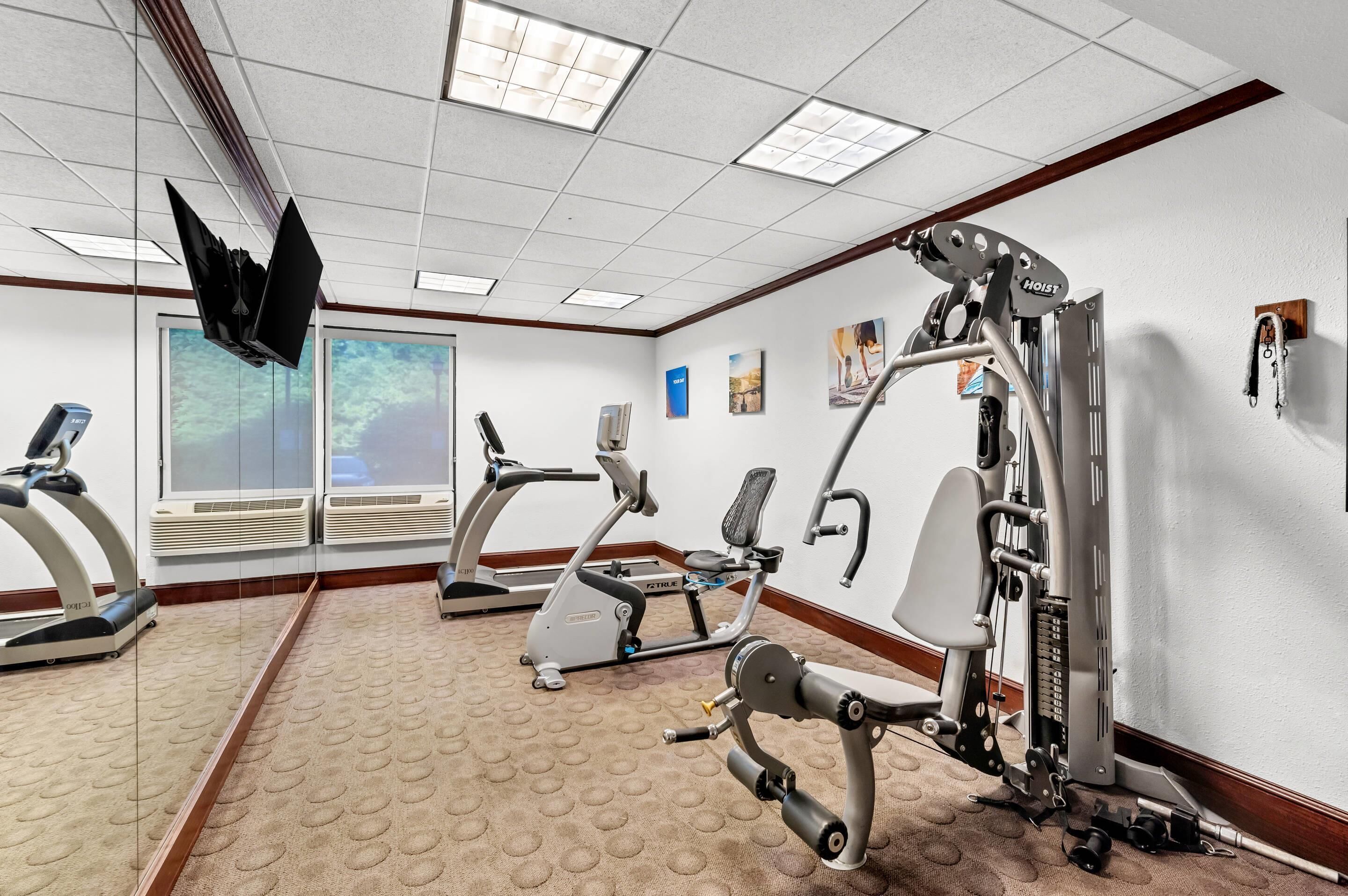 A gym with treadmills, elliptical machines, and a weight machine.