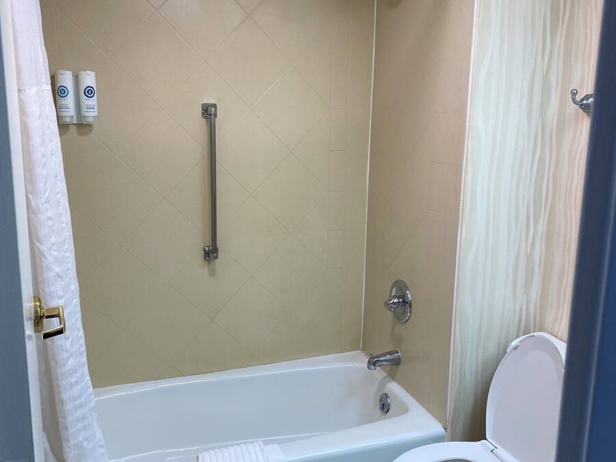 A bathroom with a bathtub, toilet, shower, and handrails.