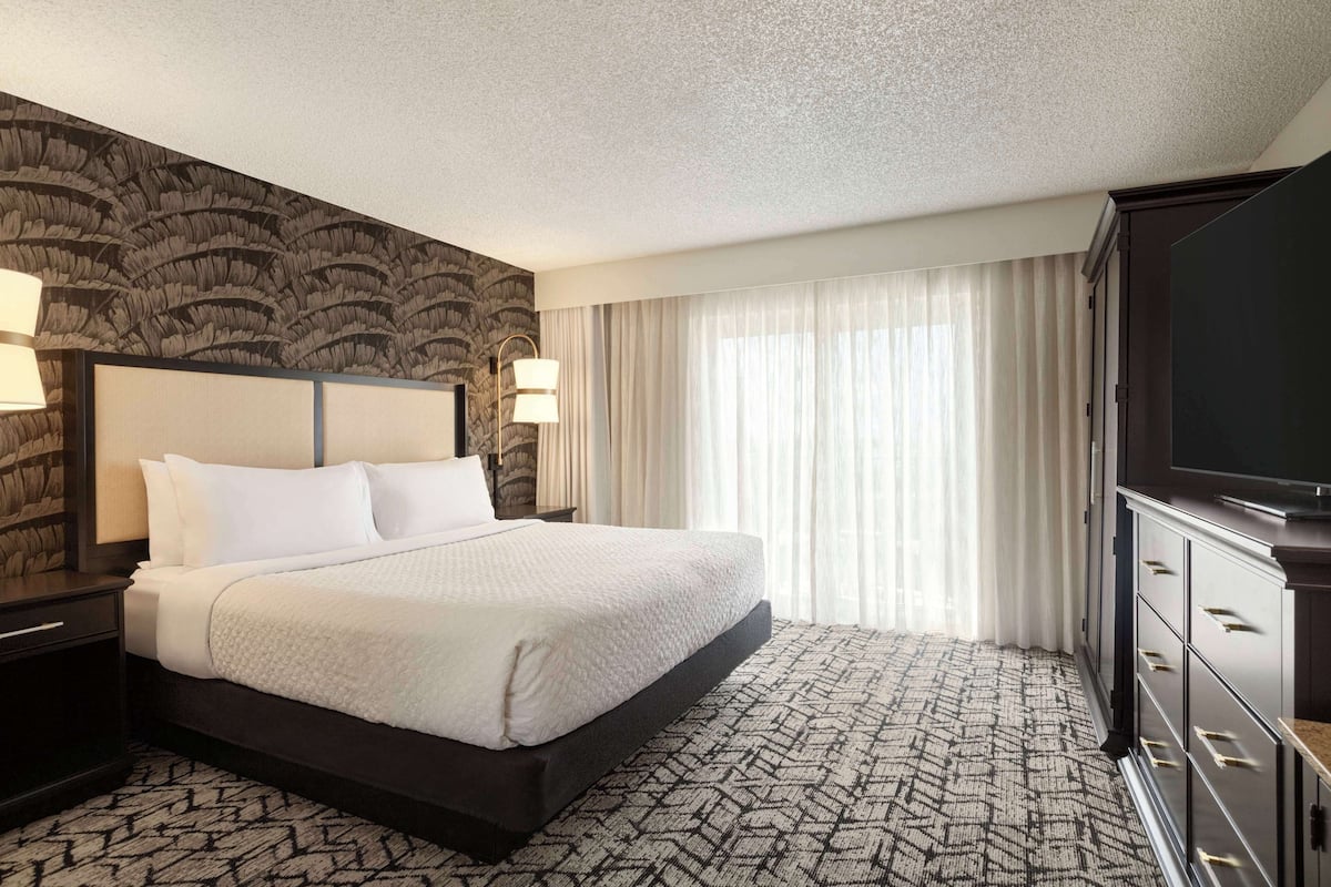 Ein Hotelzimmer mit einem großen Bett, einem Fernseher, einer Kommode und einem gemusterten Teppich.