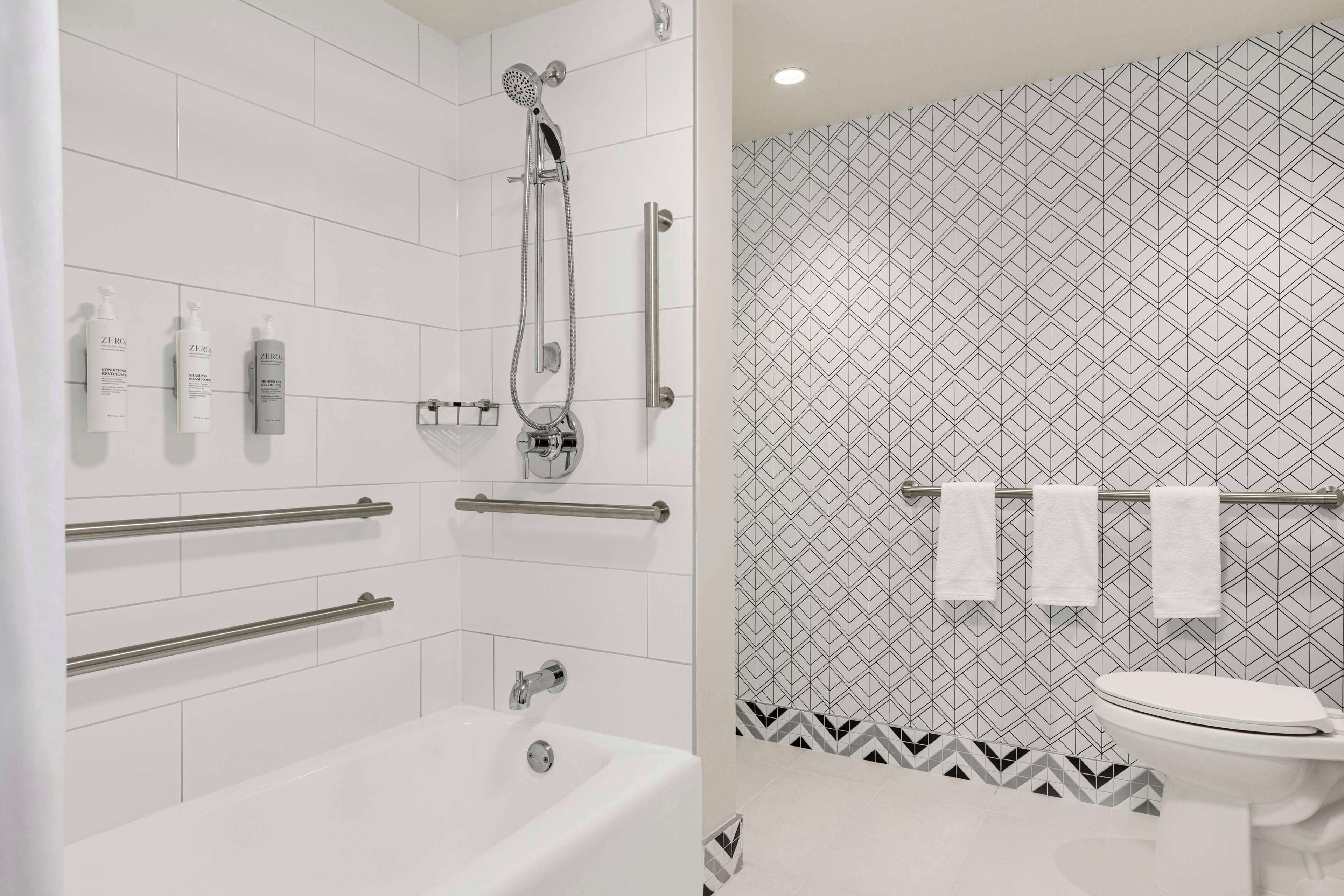 Un baño moderno con ducha, inodoro y barras de apoyo.