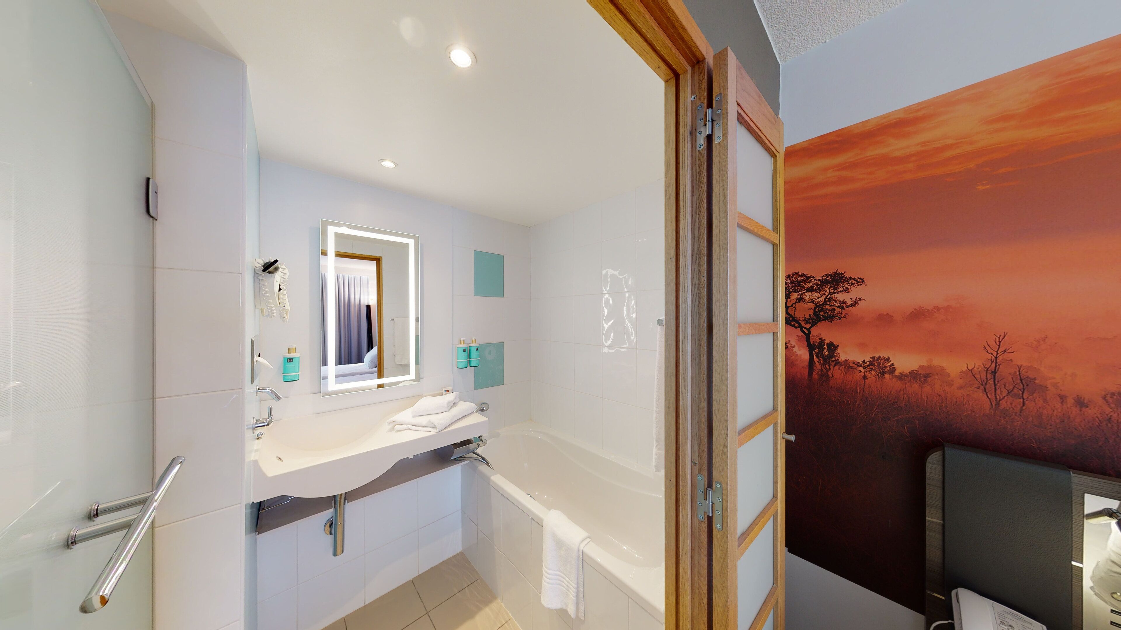 eco-friendly toiletries, hair dryer, towels