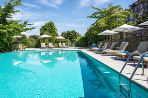 Indoor pool, outdoor pool, pool umbrellas, sun loungers