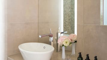 A modern bathroom with a large sink, mirror, and toiletries.