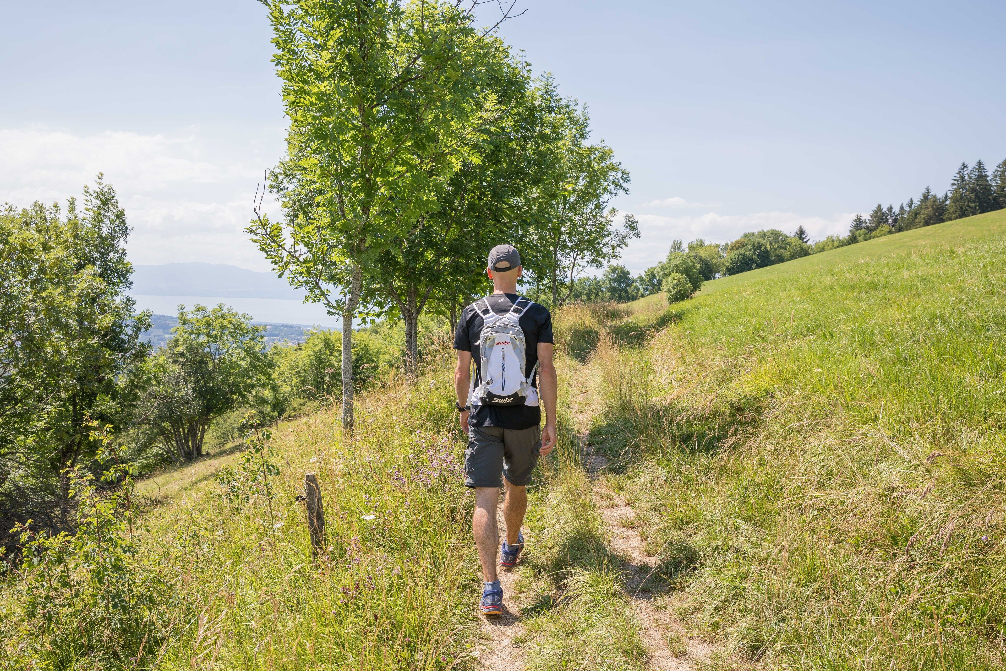 A person walking on a grassy path surrounded by trees and hills.