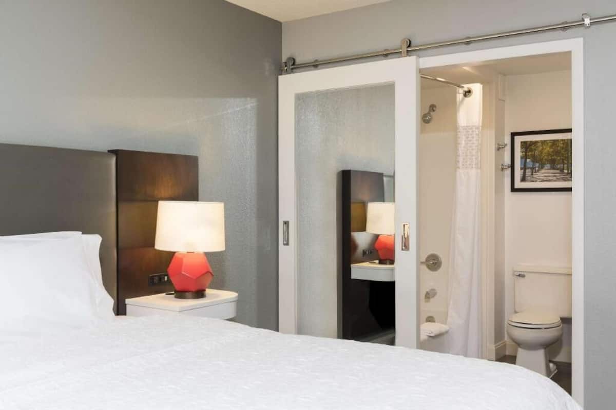 Hypo-allergenic bedding, desk, laptop workspace, blackout drapes