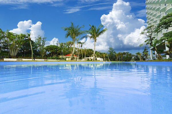 Indoor pool, seasonal outdoor pool, open 8 AM to 9:00 PM, sun loungers