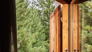 Une fenêtre en bois donnant sur une forêt dense et verdoyante.