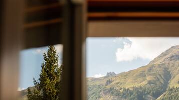 A mountain landscape through a window with visible trees and a clear sky.