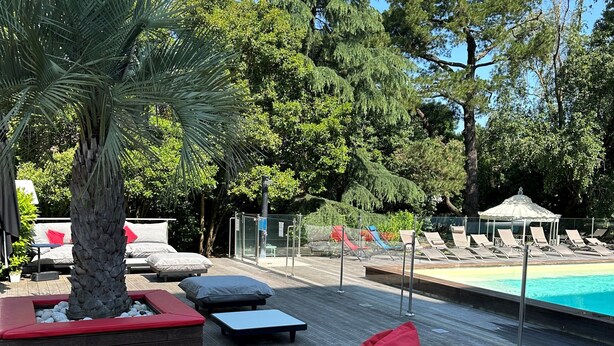 Un área junto a la piscina con sillones de descanso, una palmera y un pabellón.