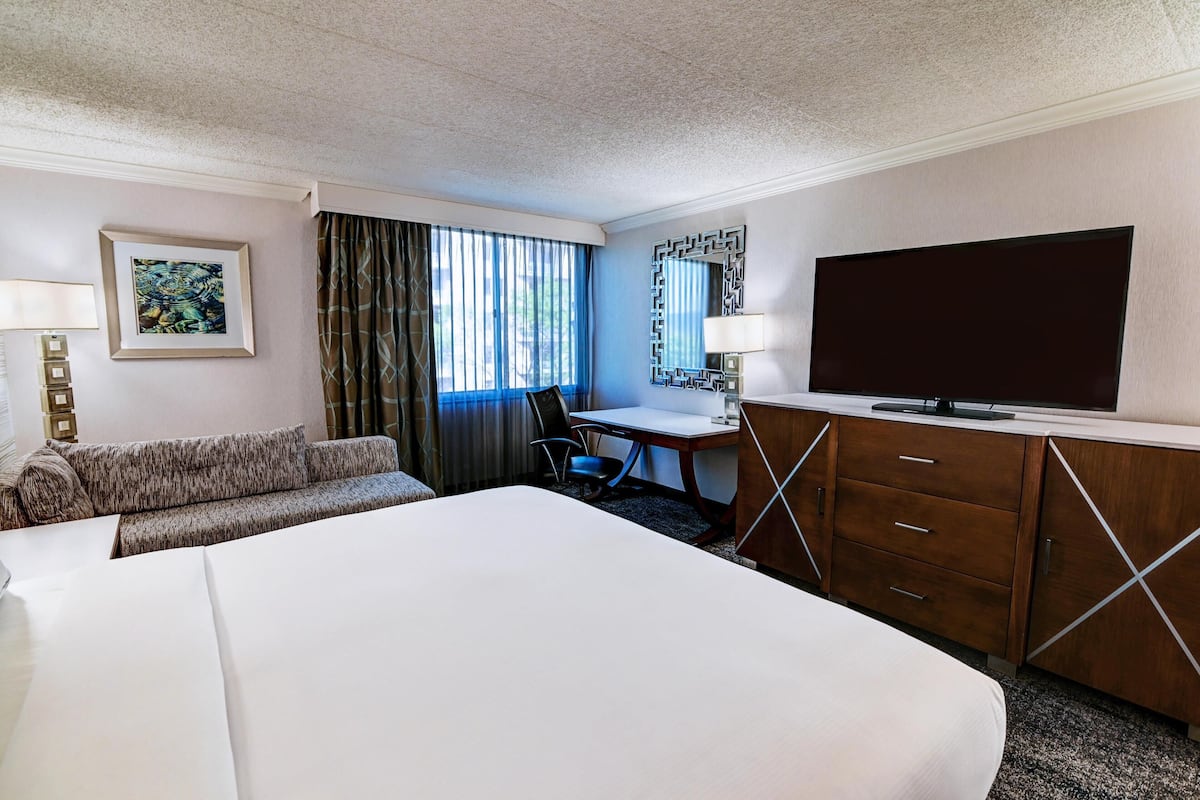 A hotel room with a large bed, a desk, a TV, a sofa, and a window with curtains.