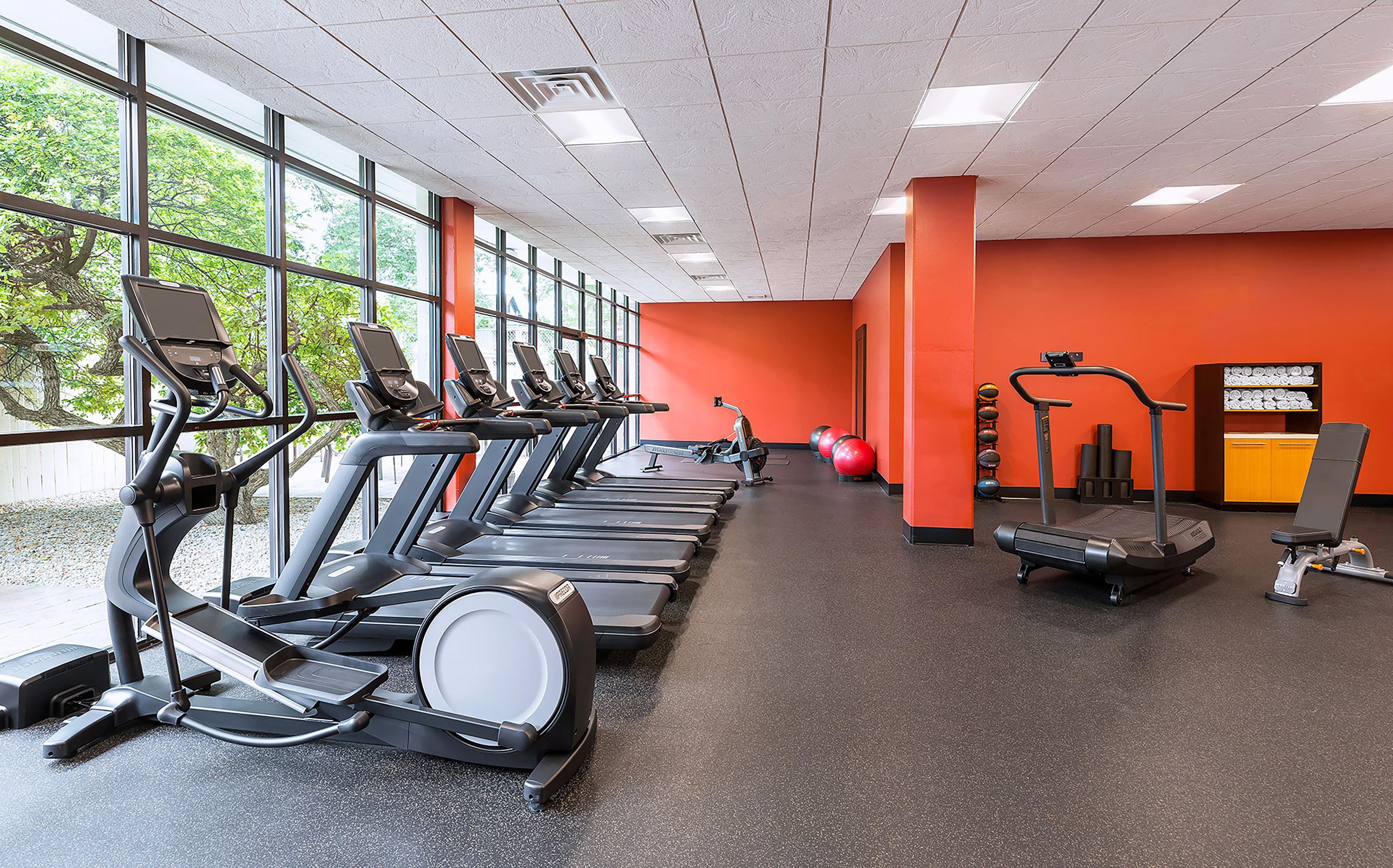 A gym with treadmills, elliptical machines, and exercise balls.