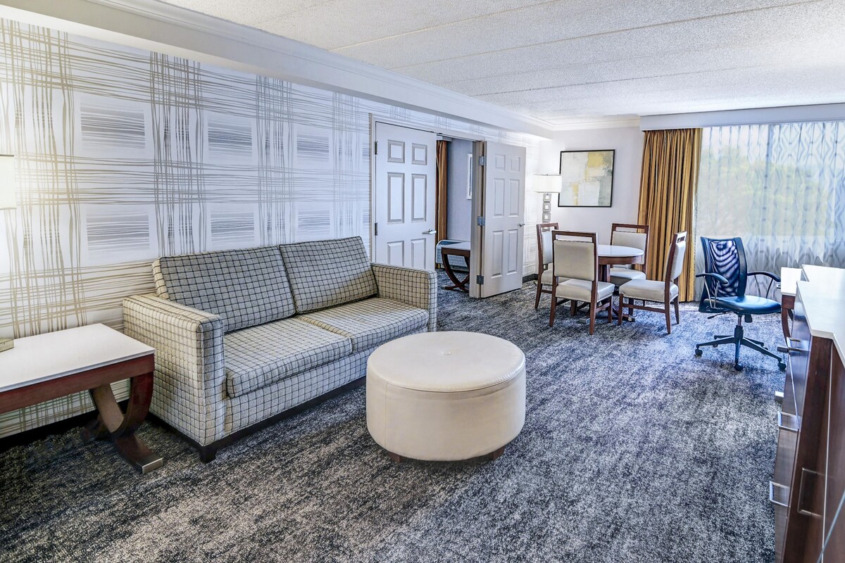 Habitación de hotel con sofá, reposapiés, mesa de comedor, sillas, televisor y una ventana grande.