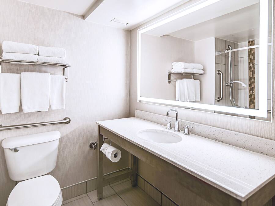A modern bathroom with a toilet, sink, and a large mirror.