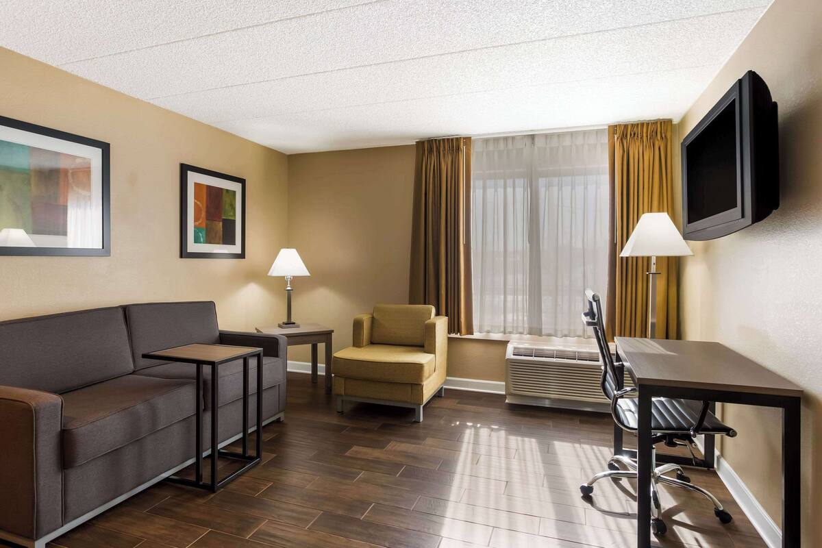 A hotel room with a sofa, a small table, a chair, a desk with a chair, a TV, and a window with curtains.