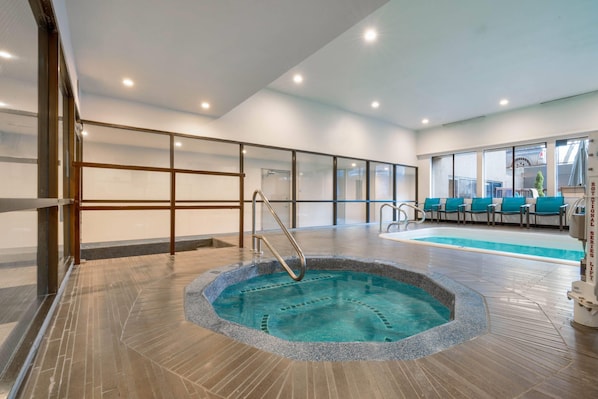 Indoor pool, open 9:00 AM to 10:00 PM, pool umbrellas, sun loungers