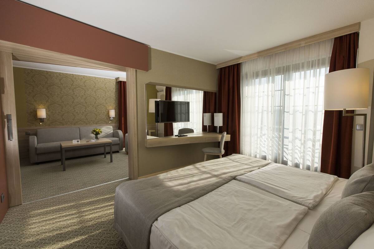 A hotel room with a large bed, a desk with a computer, a chair, a sofa, and a television.