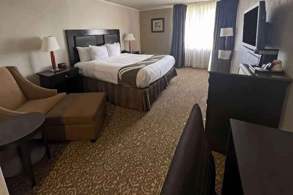 A hotel room with a bed, a desk, a chair, a TV, and a window with curtains.