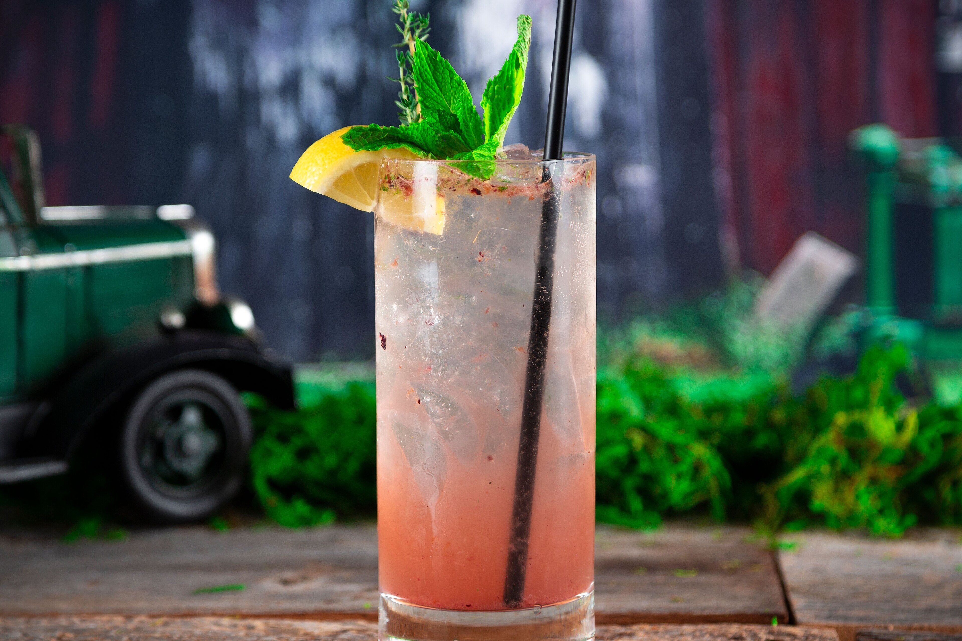 A tall glass with a pink beverage, ice cubes, a lemon slice, mint leaves, and a straw.