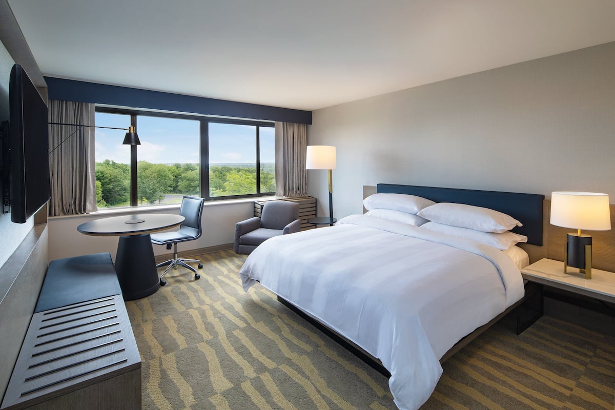 A hotel room with a large bed, a desk, a chair, a small table, and a TV.