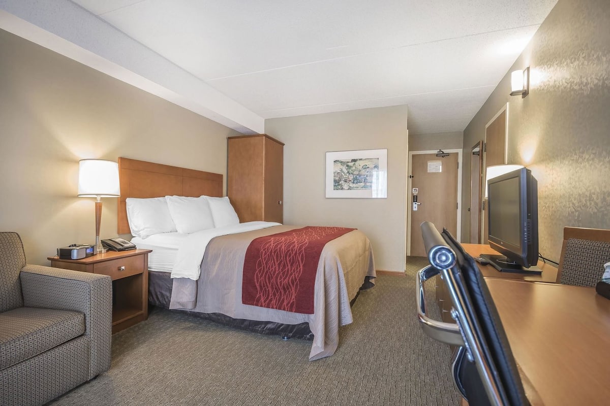 A hotel room with a bed, a desk with a television, a chair, a nightstand, and a lamp.
