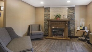 A room with a fireplace, two armchairs, a small table with a plant, and a television on a stand. - Comfort Inn (Chilliwack)