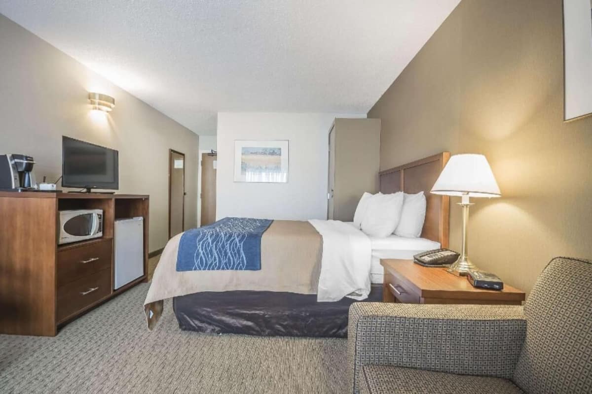 A hotel room with a bed, a desk with a lamp, a television, a microwave, and a chair.