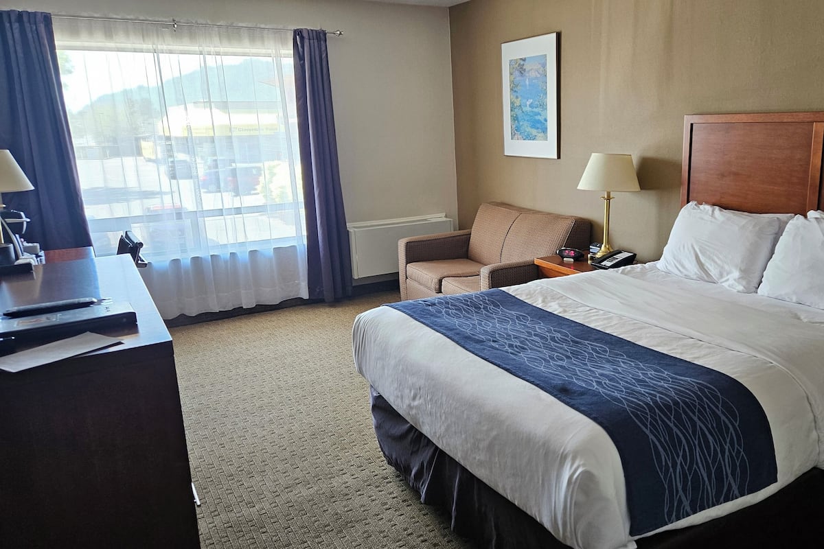 A hotel room with a large bed, a desk, a chair, a lamp, and a painting on the wall.