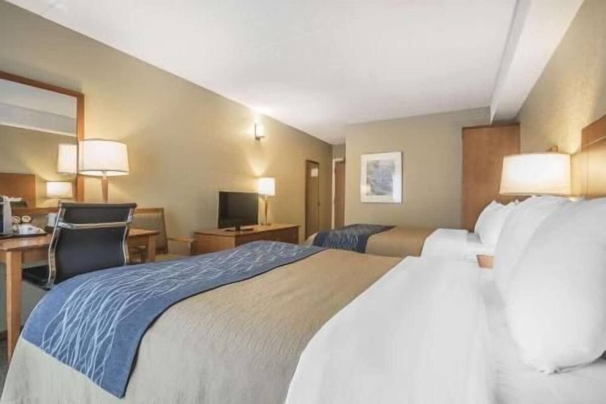 A hotel room with two beds, a desk, a chair, a television, and a lamp.
