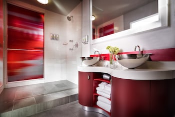 Designer toiletries, hair dryer, bathrobes, towels at Staypineapple, Hotel FIVE, Downtown Seattle