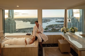 Separate tub and shower, free toiletries, hair dryer, bathrobes