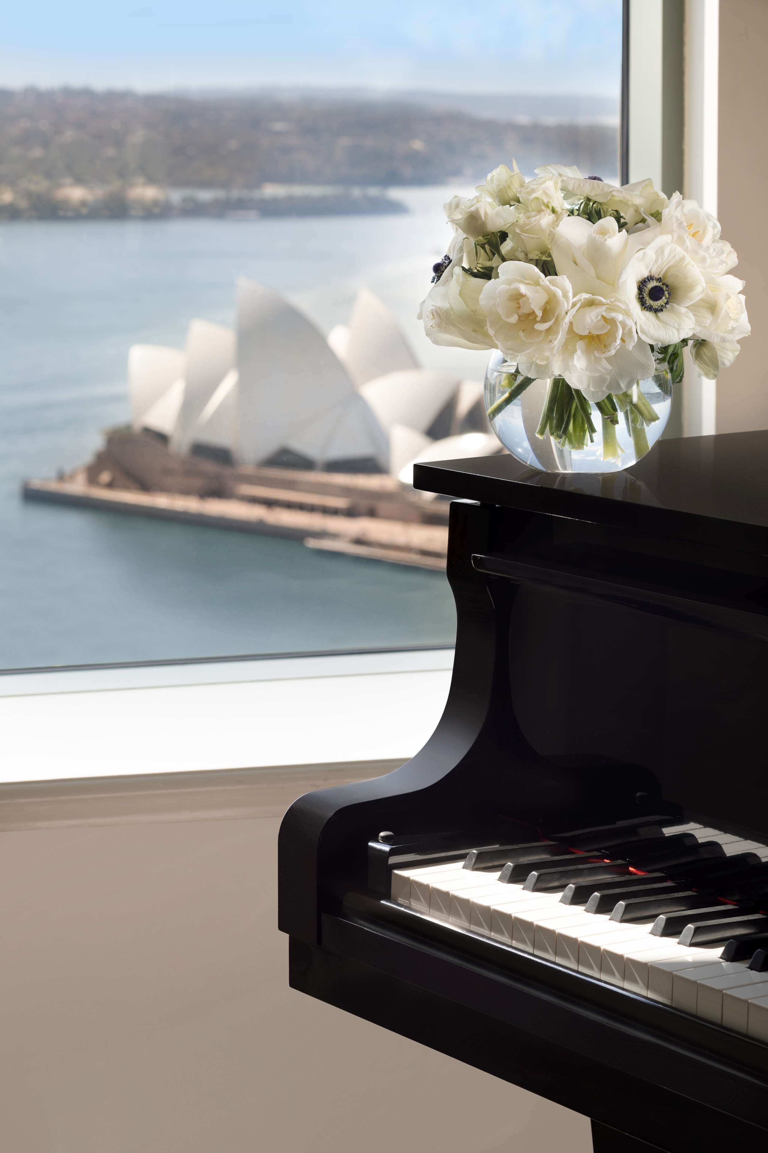 Un piano con un jarrón de flores blancas en un alféizar, con vistas a un cuerpo de agua y un edificio blanco característico.