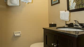 A bathroom with a toilet, sink, and towel rack.