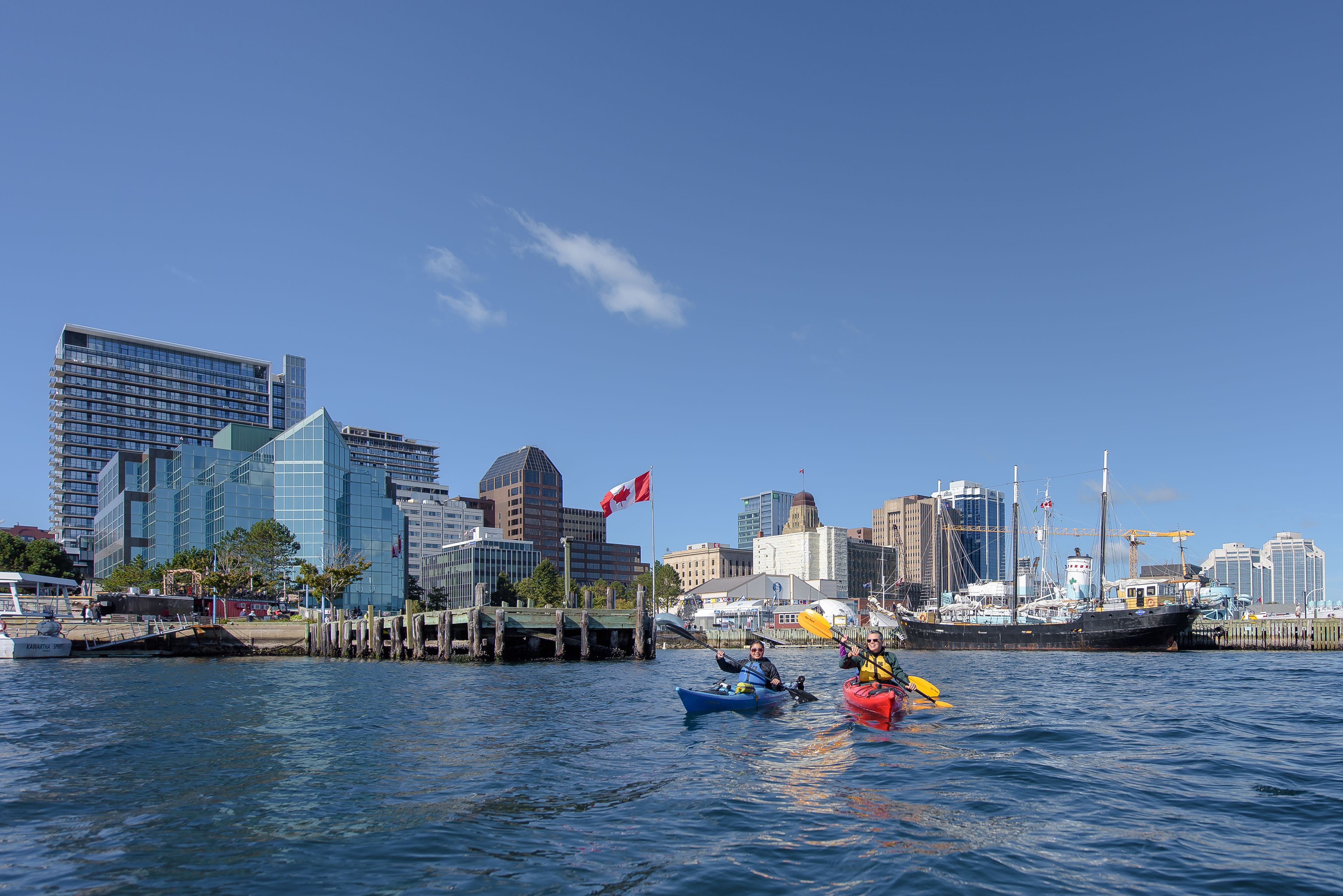 Un paisaje urbano frente al agua con edificios modernos, un muelle y kayakistas en el agua.