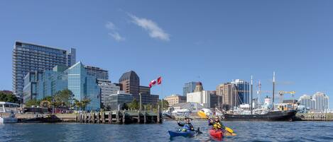 A waterfront cityscape with modern buildings, a dock, and kayakers on the water.