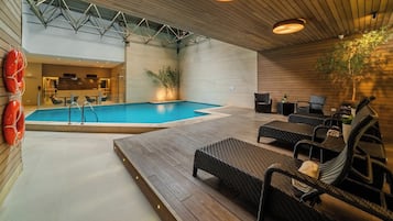 Indoor pool, open 9:00 AM to 10:00 PM, sun loungers