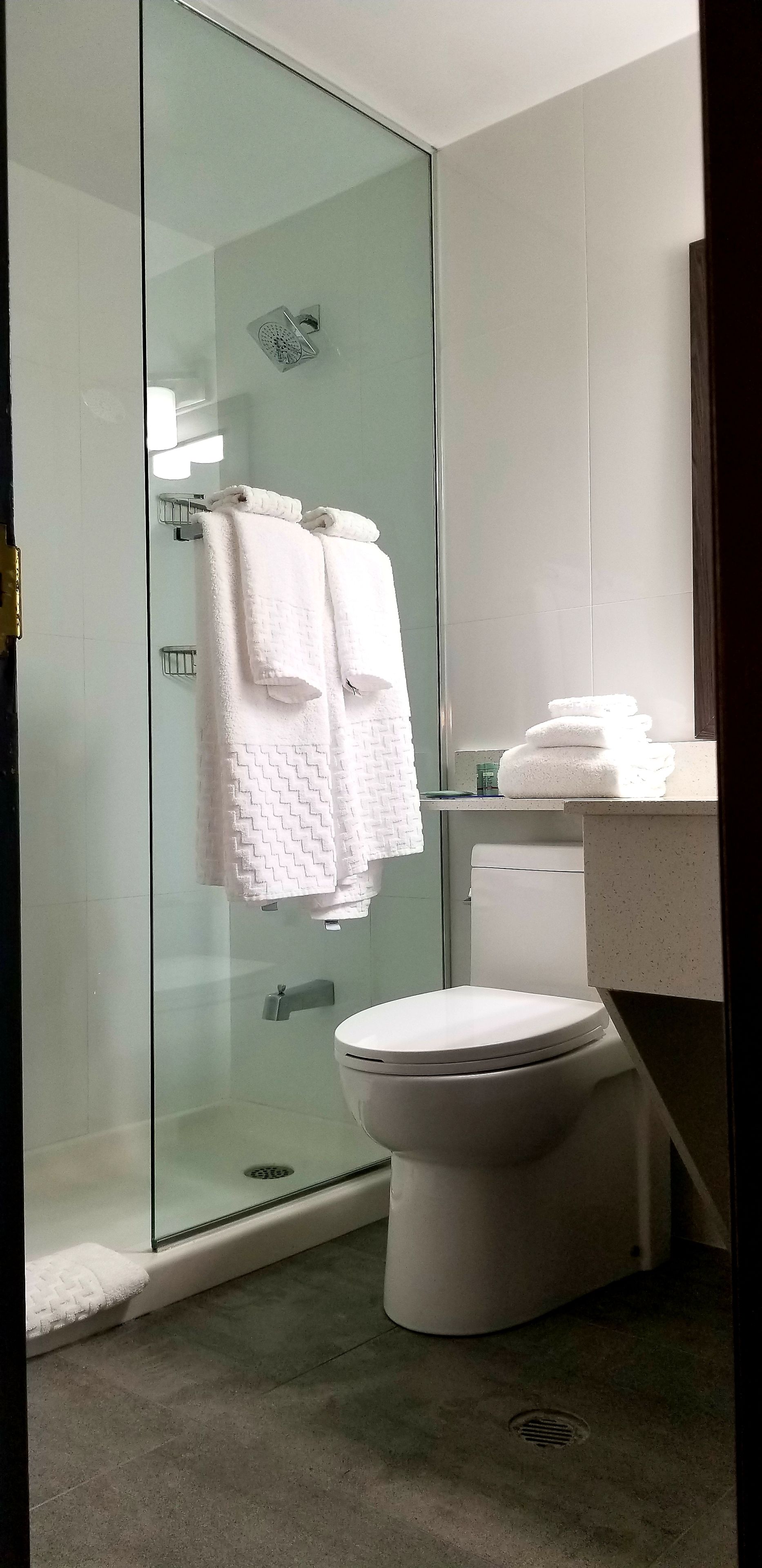 combined shower/bathtub, rainfall showerhead, free toiletries