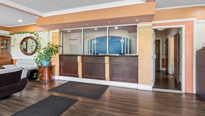 A hotel lobby with a reception desk, a large mirror, a potted plant, and a view into the hallway.