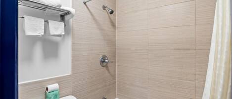 A bathroom with a toilet, a shower, and a bathtub.