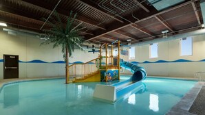 Una piscina interior con tobogán, una palmera y un área de juegos.