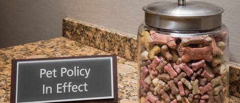 A granite countertop with a glass jar filled with pet treats and a sign that reads "Pet Policy In Effect".