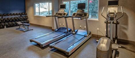 A gym with treadmills, elliptical machines, and a rack of dumbbells.